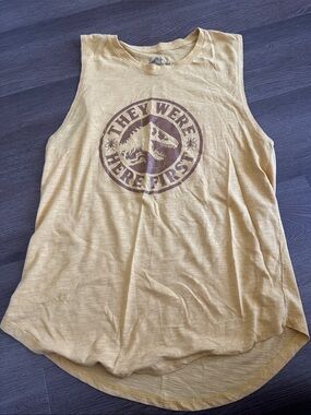 Universal Yellow Muscle Tank with Brown Dino Graphic